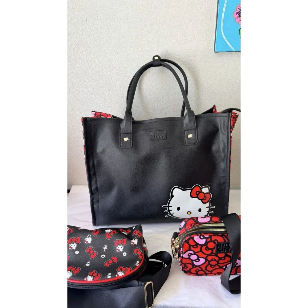 Hello Kitty 3 Piece Bag Set Tote Cosmetic Pouch Crossbody Purse Black Red Sanrio